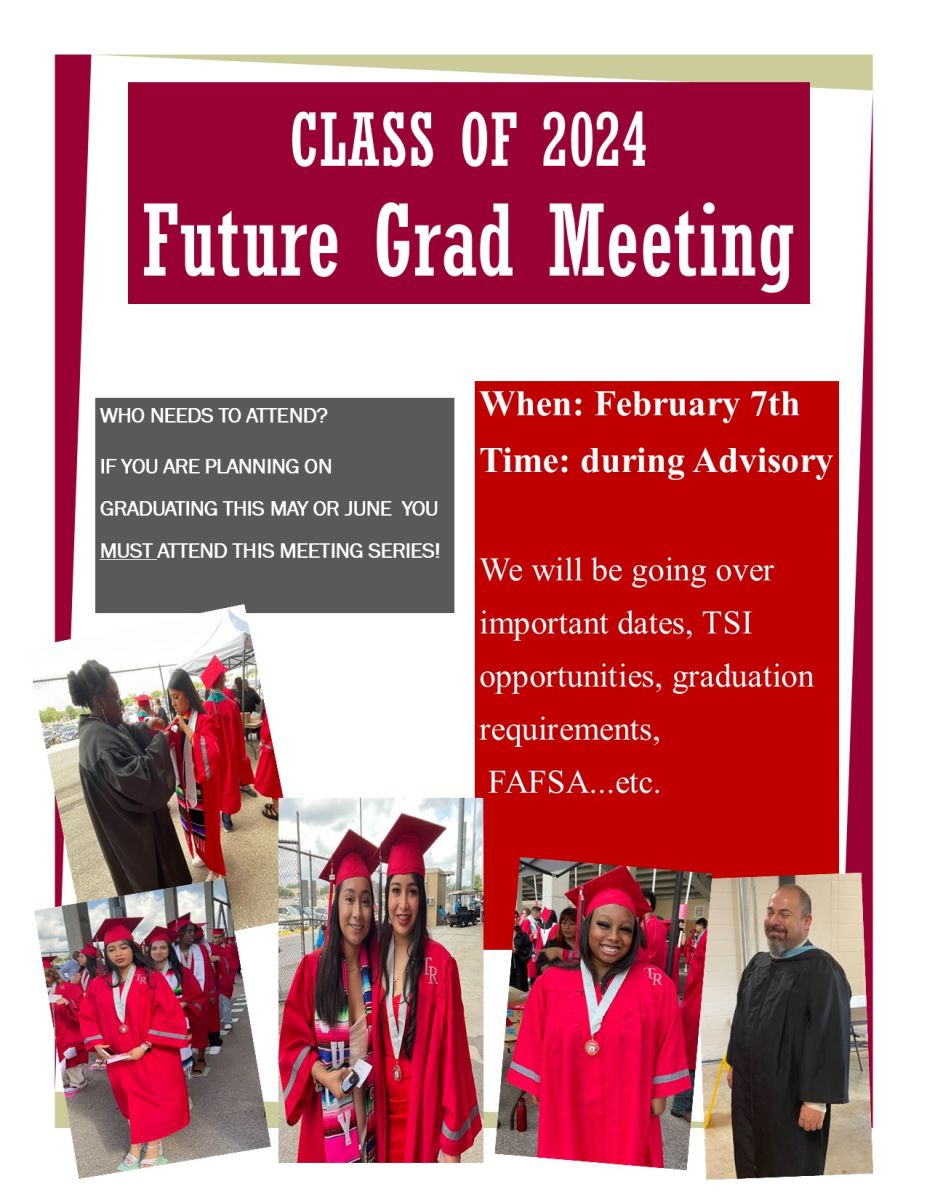 Flyer for future grad meeting. All text on the flyer is placed above the flyer on the website page. Five images of students and faculty in graduation robes are lined along the bottom of the flyer.