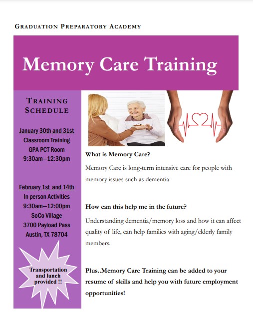 Flyer for Memory Care Training. Images included are a younger person helping an older person and two hands cupping a red line heart monitor shaped like a heart. Text is written in the body above image. 