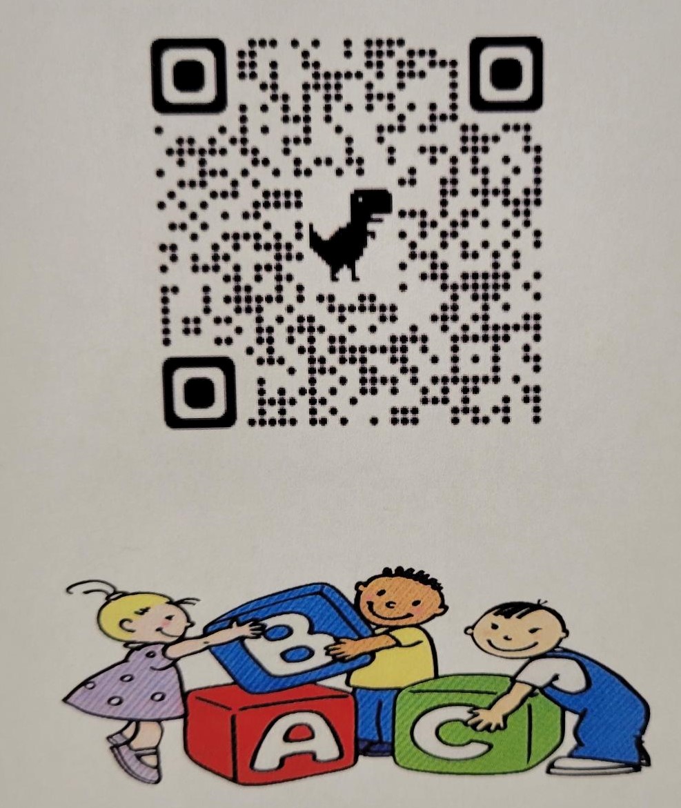 This image is a photo of the Daycare QR code and a digital graphic of three children playing with "A, B, C" blocks.