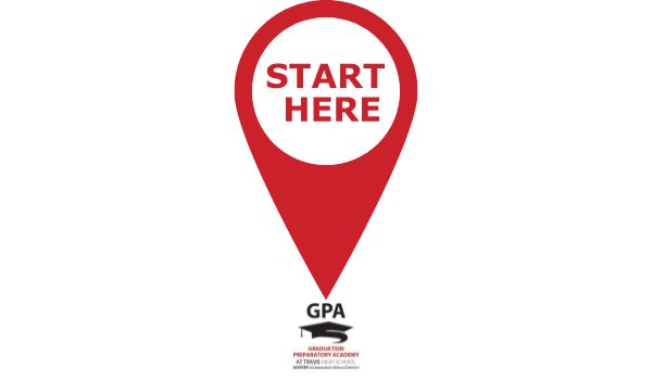 This image is a graphic with a red "Start Here" pin that is pointing to the GPA logo.